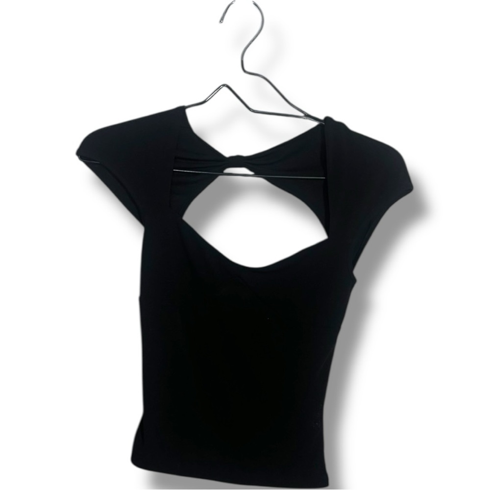 Unbranded Chic Black Cutout Back Slim Fitting Stretchy Short Sleeve Top - Picture 10 of 10